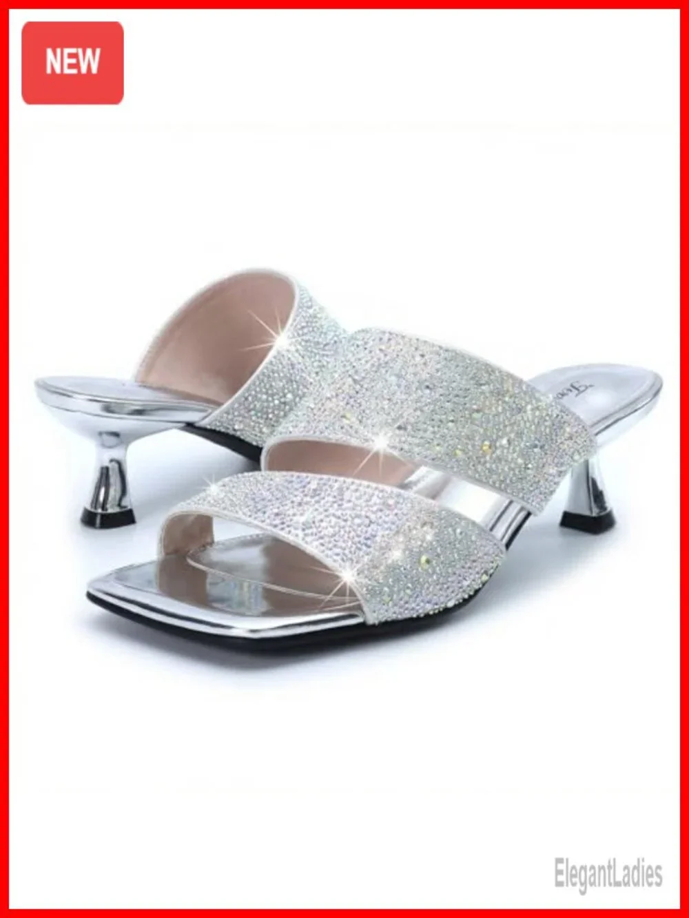 Rhinestone Kitten Heel Sandals Square Open Toe Double Strap Slides Party